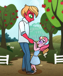 Size: 1000x1200 | Tagged: safe, artist:carouselunique, big macintosh, oc, oc:honeycrisp blossom, equestria girls, g4, apple tree, duo, father and daughter, father's day, female, male, offspring, parent:big macintosh, parent:princess cadance, parents:cadmac, sweet apple acres, tree