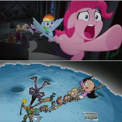 Size: 3264x3264 | Tagged: safe, edit, edited screencap, screencap, applejack, fluttershy, pinkie pie, rainbow dash, rarity, spike, g4, my little pony: the movie, a.j., chester mcbadbat, comparison, cosmo, dark laser, denzel crocker, high res, implied twilight sparkle, jorgen von strangle, male, mark chang, offscreen character, pony chain, poof (fop), tara strong, the fairly oddparents, timmy's dad, timmy's mom, trixie tang, vicky, voice actor joke, wanda