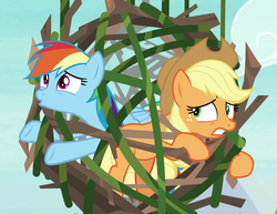 Size: 1396x1079 | Tagged: safe, screencap, applejack, rainbow dash, earth pony, pegasus, pony, g4, non-compete clause, branches, cropped, duo, female, gritted teeth, mare, tied up, trapped, vine