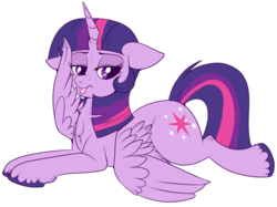 Size: 894x670 | Tagged: safe, artist:lulubell, twilight sparkle, alicorn, pony, g4, chest fluff, female, prone, simple background, solo, sweat, transparent background, twilight sparkle (alicorn), unshorn fetlocks, wing hands
