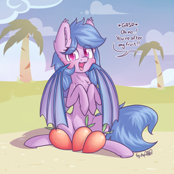 Size: 1840x1840 | Tagged: safe, artist:dsp2003, oc, oc only, oc:fruit hulu, bat pony, pony, bat pony oc, blushing, chest fluff, cloud, commission, cute, cute little fangs, dialogue, dsp2003 is trying to murder us, ear fluff, explicit link, fangs, female, food, fruit, heart, heart eyes, looking at you, mango, mare, open mouth, palm tree, signature, single panel, sitting, tree, wingding eyes