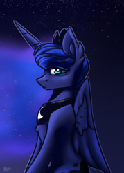 Size: 2500x3500 | Tagged: safe, artist:lrusu, princess luna, alicorn, pony, g4, chest fluff, ethereal mane, eyeshadow, female, high res, lidded eyes, makeup, mare, night, solo, stars