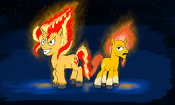 Size: 2000x1200 | Tagged: safe, artist:horsesplease, sunburst, sunset shimmer, fire pony, pony, unicorn, g4, annoyed, brother and sister, catasterism, constellation, evil grin, female, fiery mane, fiery shimmer, fiery sunburst, fire, glowing, grin, headcanon, insanity, little dipper, male, mane of fire, night, paint tool sai, rapidash shimmer, smiling, snapset shimmer, stars, sunburst is not amused, sunny siblings, sunshine shimmer, unamused