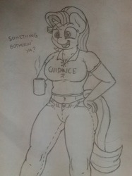 Size: 1280x1707 | Tagged: safe, artist:ljdamz1119, starlight glimmer, unicorn, anthro, g4, belly button, breasts, busty starlight glimmer, chocolate, cleavage, clothes, female, food, guidance counselor, hot chocolate, jeans, midriff, monochrome, pants, solo, traditional art