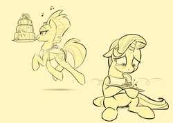 Size: 3517x2508 | Tagged: safe, artist:lummh, fizzlepop berrytwist, starlight glimmer, tempest shadow, pony, unicorn, g4, apron, broken horn, burnt, cake, clothes, cooking, crying, duo, duo female, female, food, high res, horn, mare, monochrome, mouth hold, sad, sitting, trotting
