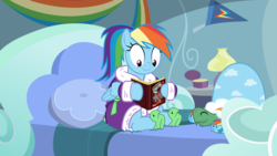 Size: 1024x576 | Tagged: safe, artist:phucknuckl, rainbow dash, tank, g4, tanks for the memories, alternate hairstyle, bathrobe, bed, book, clothes, cute, dashabetes, dashie slippers, inkscape, ponytail, reading, robe, slippers, tank slippers, vector