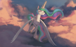 Size: 2304x1440 | Tagged: safe, artist:starblaze25, princess celestia, alicorn, pony, g4, cloud, eyes closed, female, flying, glowing horn, horn, magic, mare, sky, smiling, solo