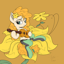 Size: 3000x3000 | Tagged: safe, artist:icicle-niceicle-1517, artist:katakiuchi4u, color edit, edit, pear butter, earth pony, pony, g4, acoustic guitar, bedroom eyes, brown background, buttercup, clothes, colored, cute, female, flower, flower in hair, high res, mare, micro, musical instrument, pearabetes, simple background, socks, solo, stockings, thigh highs