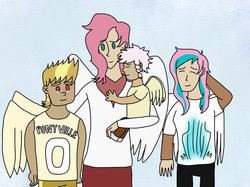 Size: 1024x765 | Tagged: safe, artist:dexterousdecarius, oc, oc:angel aura, oc:dream chaser, oc:niagara falls, oc:rough house, human, brother and sister, brothers, comfort, female, humanized, male, offspring, parent:bulk biceps, parent:fluttershy, parents:flutterbulk, siblings, sisters, winged humanization, wings