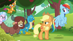 Size: 1920x1080 | Tagged: safe, screencap, applejack, gallus, rainbow dash, silverstream, smolder, yona, classical hippogriff, dragon, earth pony, griffon, hippogriff, pegasus, pony, yak, g4, non-compete clause, cloven hooves, cowboy hat, dragoness, female, flying, hat, male, mare, walking