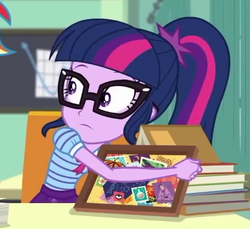 Size: 445x407 | Tagged: safe, screencap, sci-twi, twilight sparkle, equestria girls, g4, my little pony equestria girls: better together, the last day of school, book, cropped, female, glasses, solo