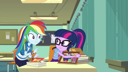 Size: 1280x720 | Tagged: safe, screencap, rainbow dash, sci-twi, twilight sparkle, equestria girls, equestria girls series, g4, the last day of school, book, female, geode of super speed, glasses, magical geodes