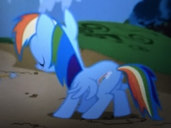 Size: 4032x3024 | Tagged: safe, screencap, rainbow dash, pegasus, pony, g4, griffon the brush off, butt, cropped, eyes closed, female, mare, plot, solo
