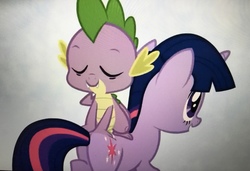 Size: 3935x2695 | Tagged: safe, screencap, spike, twilight sparkle, dragon, pony, unicorn, g4, winter wrap up, butt, dragons riding ponies, duo, eyes closed, high res, male, plot, riding, spike riding twilight, unicorn twilight