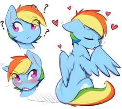 Size: 3000x2686 | Tagged: safe, artist:captainpudgemuffin, rainbow dash, pegasus, pony, alternate hairstyle, behaving like a cat, blushing, captainpudgemuffin is trying to murder us, cute, dashabetes, explicit source, eye clipping through hair, female, floating heart, floppy ears, grooming, heart, hnnng, licking, looking at you, mare, preening, question mark, simple background, solo, tongue out, white background