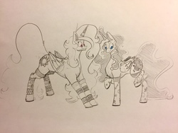 Size: 1280x960 | Tagged: safe, artist:greyscaleart, princess celestia, princess luna, alicorn, pony, g4, clothes, constellation freckles, female, grayscale, horn, horn sleeve, mare, monochrome, partial color, raised hoof, royal sisters, socks, striped socks, traditional art