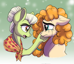 Size: 4548x3936 | Tagged: safe, artist:celestial-rainstorm, granny smith, pear butter, pony, g4, the perfect pear, bust, crying, female, floppy ears, hair bun, mother and daughter-in-law, portrait, younger