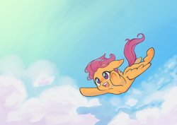 Size: 2039x1447 | Tagged: safe, artist:ikirunosindo, scootaloo, pegasus, pony, g4, cloud, cute, cutealoo, female, filly, flying, happy, scootaloo can fly, solo