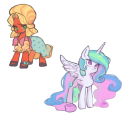 Size: 2088x2039 | Tagged: safe, artist:ikirunosindo, big macintosh, princess celestia, alicorn, earth pony, pony, g4, bloomers, bowtie, clothes, crossdressing, dress, duo, female, high res, male, mare, orchard blossom, puffy sleeves, simple background, stallion, white background, wig