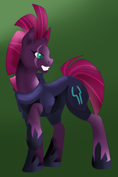 Size: 855x1280 | Tagged: safe, artist:blackfrost, artist:jbond, color edit, edit, fizzlepop berrytwist, tempest shadow, pony, unicorn, g4, my little pony: the movie, broken horn, colored, female, green background, horn, mare, painting, raised hoof, simple background, smiling, smirk, solo