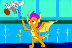 Size: 1800x1200 | Tagged: safe, artist:horsesplease, smolder, oc, oc:der, dragon, griffon, g4, angry, chase, cookie, female, flying, food, happy, laughing, male, paint tool sai, pun, smol, spread wings, that griffon sure "der"s love cookies, wings, wordplay