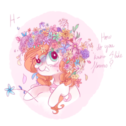 Size: 5000x5000 | Tagged: safe, artist:pinkablue, oc, oc only, oc:flowering, earth pony, pony, absurd resolution, blushing, bust, cute, dialogue, female, flower, flower in hair, hoof hold, mare