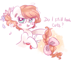 Size: 1000x866 | Tagged: safe, artist:pinkablue, oc, oc only, oc:flowering, earth pony, pony, alternate hairstyle, blushing, bow, braid, bust, description is relevant, dialogue, ear fluff, female, flower, flower in hair, hair bow, haircut, hoof hold, i'm not cute, looking at you, mare, scissors, short hair