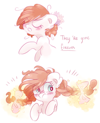 Size: 1429x1758 | Tagged: safe, artist:pinkablue, oc, oc only, oc:flowering, earth pony, pony, alternate hairstyle, blushing, bow, braid, braided pigtails, bust, comic, description is relevant, dialogue, ear fluff, eyes closed, female, flower, flower in hair, hair bow, hair growth, magic glow, mare, pigtails, short hair, simple background, white background