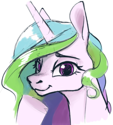 Size: 1322x1461 | Tagged: safe, artist:nadnerbd, princess celestia, pony, g4, closed mouth, colored sketch, cute, cutelestia, devious smile, female, looking at you, mare, missing accessory, raised hoof, simple background, slender, smiling, solo, sternocleidomastoid, thin