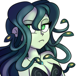 Size: 600x600 | Tagged: dead source, safe, artist:wubcakeva, oc, oc only, oc:medusa, gorgon, equestria girls, g4, breasts, cleavage, equestria girls-ified, female, medusa, simple background, solo, white background