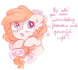 Size: 979x883 | Tagged: safe, artist:pinkablue, oc, oc only, oc:flowering, earth pony, pony, bow, braid, braided pigtails, bust, cute, description is relevant, dialogue, ear fluff, female, flower, flower in hair, hair bow, i'm not cute, mare, pigtails, simple background, white background