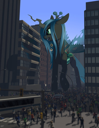 Size: 2550x3300 | Tagged: dead source, safe, artist:styroponyworks, queen chrysalis, changeling, changeling queen, human, g4, building, city, female, high res, macro, people, running, smiling