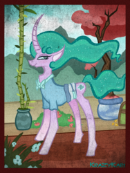 Size: 960x1280 | Tagged: safe, artist:krazykari, mistmane, pony, unicorn, g4, clothes, curved horn, female, horn, plant, shirt, solo