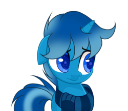 Size: 1024x893 | Tagged: safe, artist:mintoria, oc, oc only, oc:blue dye, pony, unicorn, clothes, male, scarf, simple background, solo, stallion, transparent background