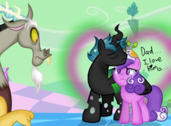 Size: 911x670 | Tagged: safe, artist:doraeartdreams-aspy, discord, screwball, oc, oc:mothball, changeling, earth pony, pony, fanfic:daughter of discord, g4, base used, canon x oc, changeling oc, crying, dialogue, digital art, female, male, mare, next generation, offspring, offspring shipping, parent:discord, parent:queen chrysalis, ship:screwmoth, shipping, straight, trio