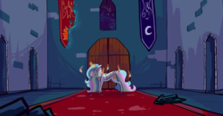 Size: 5760x2991 | Tagged: safe, artist:greyscaleart, part of a set, princess celestia, alicorn, pony, g4, broken glass, castle of the royal pony sisters, elements of harmony, female, glowing horn, horn, mare, sadlestia, solo