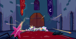 Size: 5760x2991 | Tagged: safe, artist:greyscaleart, part of a set, princess celestia, alicorn, pony, g4, broken glass, castle of the royal pony sisters, crying, elements of harmony, female, glowing horn, horn, mare, prone, sadlestia, screaming, solo