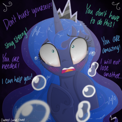 Size: 3500x3500 | Tagged: safe, artist:darkest-lunar-flower, princess luna, alicorn, pony, g4, black background, blushing, crown, crying, depression, female, high res, horn, jewelry, offscreen character, regalia, sad, scared, simple background, solo, story in the source, story included, underhoof