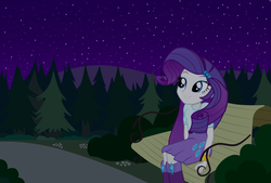 Size: 1024x691 | Tagged: safe, artist:tabrony23, rarity, equestria girls, g4, bench, clothes, female, flower, night, park, scenery, show accurate, sitting, smiling, solo, stars, tree