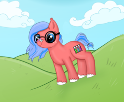 Size: 763x632 | Tagged: safe, artist:flickswitch, oc, oc only, oc:flickswitch, dragonfly, earth pony, pony, cloud, cute, female, freckles, glasses, grass, innocent, mare, ponysona, sky, smiling, solo