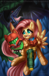 Size: 990x1530 | Tagged: safe, artist:bumblebun, part of a set, fluttershy, metroid (species), pegasus, pony, g4, concerned, crossover, female, mare, metroid, nintendo, open mouth, ridley, samus aran, solo