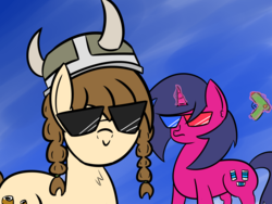 Size: 2476x1864 | Tagged: safe, artist:artiks, oc, oc only, oc:fizzy pop, oc:tvælåt, earth pony, pony, unicorn, 3d glasses, braid, duo, duo female, female, helmet, horned helmet, levitation, magic, simple background, sunglasses, telekinesis, viking helmet, watergun