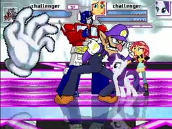 Size: 958x720 | Tagged: safe, rarity, sunset shimmer, fighting is magic, equestria girls, g4, crazy hand, crossover, male, mugen, optimus prime, super mario bros., super smash bros., transformers, waluigi