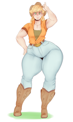 Size: 1329x2206 | Tagged: safe, artist:sundown, applejack, human, g4, applebucking thighs, applejack's hat, belt, belt buckle, boots, clothes, cowboy hat, female, freckles, hat, humanized, impossibly wide hips, jacqueline applebuck, jeans, looking at you, pants, shirt, shoes, simple background, smiling, solo, torn clothes, undershirt, white background, wide hips