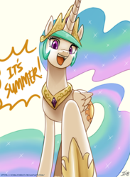 Size: 700x954 | Tagged: safe, artist:johnjoseco, princess celestia, alicorn, pony, celestia day, crown, cute, cutelestia, dialogue, female, jewelry, looking at you, looking down, mare, necklace, open mouth, praise the sun, raised hoof, regalia, signature, simple background, smiling, solo, speech bubble, summer, text, white background