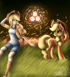 Size: 1024x1126 | Tagged: safe, artist:hoodiefoxy, applejack, human, pony, g4, cutie mark, duality, female, grass field, human ponidox, humanized, self ponidox