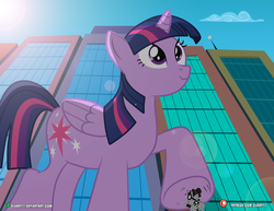 Size: 4000x3090 | Tagged: safe, artist:dieart77, twilight sparkle, oc, oc:checkerboard, alicorn, pony, g4, city, crushing, female, giant pony, macro, mega twilight sparkle, raffle winner, request, smiling, this will end in pain, this will not end well, twilight sparkle (alicorn)