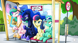 Size: 1920x1080 | Tagged: safe, artist:mysticalpha, bon bon, lyra heartstrings, princess celestia, princess luna, sweetie drops, alicorn, earth pony, pony, unicorn, g4, bon bon is not amused, bus stop, crown, ethereal mane, eyes closed, female, group, hoof on belly, hoof shoes, jewelry, lyra is not amused, magic in a jar, mane flowing, mare, meme, open mouth, peytral, quartet, regalia, royal sisters, shelter, siblings, sisters, sitting, sitting lyra, smiling, starry mane, stop, unamused