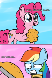 Size: 2111x3172 | Tagged: safe, artist:artiks, pinkie pie, rainbow dash, earth pony, pegasus, pony, g4, secrets and pies, crazy eyes, dialogue, duo, duo female, female, food, high res, mare, open mouth, pie, rope, simple background