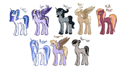 Size: 7585x4153 | Tagged: safe, artist:crystalmoon101, oc, oc only, oc:bow tune, oc:crystal heart, oc:dawn cyrstal, oc:dragonfly, oc:leo star, oc:muffin time, oc:rosa, oc:wild heart, earth pony, pegasus, pony, unicorn, absurd resolution, adoptable, blank flank, coat markings, dappled, female, male, mare, offspring, parent:braeburn, parent:cheerilee, parent:derpy hooves, parent:doctor whooves, parent:dumbbell, parent:fancypants, parent:fleur-de-lis, parent:flitter, parent:frederic horseshoepin, parent:king sombra, parent:octavia melody, parent:princess cadance, parent:sapphire joy, parent:shining armor, parents:cheerburn, parents:doctorderpy, parents:fancyfleur, parents:flitbell, parents:fredtavia, parents:shiningcadance, parents:sombrajoy, simple background, stallion, white background